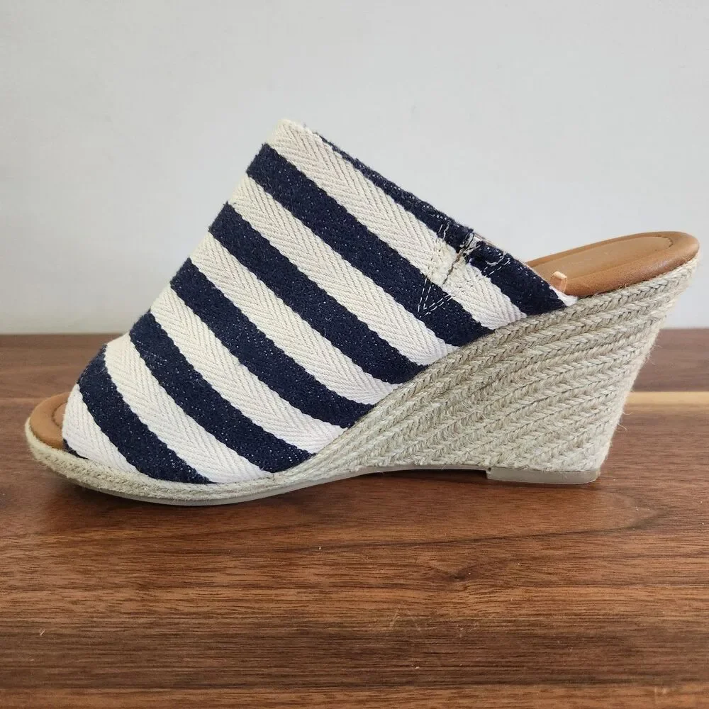 Lane Bryant Espadrille High Wedge Slip On Slide Jute Striped Sandal Shoe 10W
